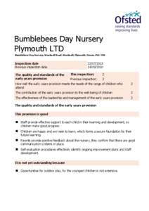 Bumblebees Day Nursery Plymouth LTD Bumblebees Day Nursery, Woolwell Road, Woolwell, Plymouth, Devon, PL6 7JW Inspection date Previous inspection date