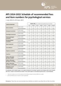 APS[removed]Schedule of recommended fees and item numbers for psychological services 1 July 2014 to 30 June 2015 SERVICE TIME (mins; non-billable work associated with service not included1)  SERVICE DESCRIPTION