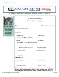 Covenant Heritage Reformed Fellowship:09 PM The Lord’s Day Worship Service 2nd Sunday of Easter - April 15, 2012