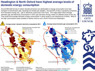 Headington & North Oxford have highest average levels of domestic energy consumption Around 900,000 tonnes of carbon dioxide emissions are attributable to energy consumption and road transport in Oxford each year, equati