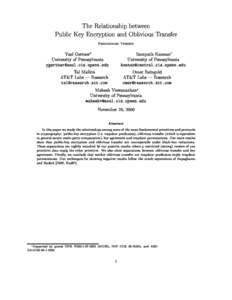 The Relationship between Publi
 Key En
ryption and Oblivious Transfer Preliminary Version Sampath Kannan University of Pennsylvania
