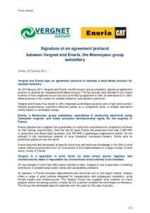 Press release  Signature of an agreement protocol between Vergnet and Eneria, the Monnoyeur group subsidiary Ormes, 24 February 2011