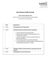 Harris Review Public Hearing 14:00- 16:30 25 September 2014 National Council for Voluntary Organisations Society Building, 8 All Saints Street, London N1 9RL.  Time