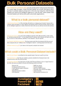 Bulk Personal Datasets BULK PERSONAL DATASETS (BPDs) are pots of data which hold personal information on a wide range of people. A Bulk Personal Dataset can include information which we have to provide simply by being bo