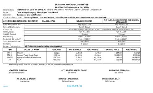 BIDS AND AWARDS COMMITTEE ABSTRACT OF BIDS AS CALCULATED September 01, 2015 at 2:00 p.m. held at BAC Office, Provincial Capitol Complex, Calapan City Opened on: Project: