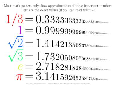 Most math posters only show approximations of these important numbers Here are the exact values (if you can read them :-) 1/3 =  =