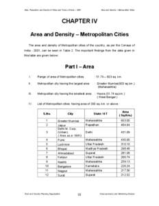 Area, Population and Density of Cities and Towns of India – 2001  Area and Density – Metropolitan Cities