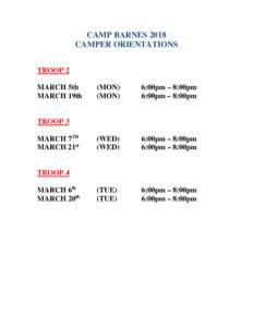 CAMP BARNES 2018 CAMPER ORIENTATIONS TROOP 2 MARCH 5th MARCH 19th