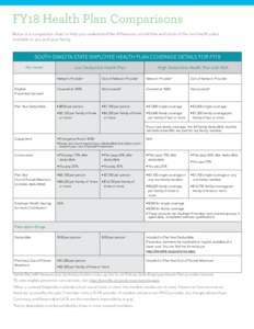 FY18 Health Plan Comparisons Below is a comparison chart to help you understand the differences, similarities and costs of the two health plans available to you and your family. SOUTH DAKOTA STATE EMPLOYEE HEALTH PLAN CO