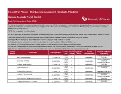 University of Phoenix - Prior Learning Assessment - Corporate Articulation Alameda Contracta Transit District Credit Recommendation Guide (CRG) The following courses have been evaluated by Corporate Articulation to poten