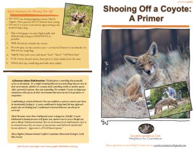 update  Quick Summary for Shooing ‘’Em Oﬀ • DO NOT use during pupping season, MarchAugust, when parents MUST defend their young. DO use if a coyote is decisively approaching your