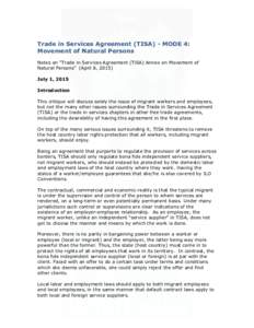   	
   Trade in Services Agreement (TISA) - MODE 4: Movement of Natural Persons Notes on “Trade in Services Agreement (TiSA) Annex on Movement of