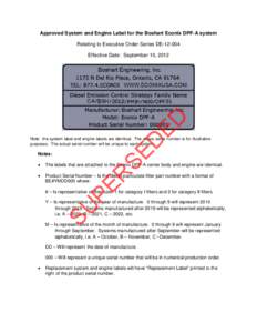 Approved System and Engine Label for the Boshart Econix DPF-A system Relating to Executive Order Series DE[removed]ED  Effective Date: September 10, 2012