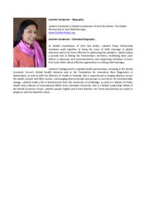 Lakshmi	
  Sundaram	
  –	
  Biography	
  	
   	
   Lakshmi	
  Sundaram	
  is	
  Global	
  Coordinator	
  of	
  Girls	
  Not	
  Brides:	
  The	
  Global	
   Partnership	
  to	
  End	
  Child	
  Marr
