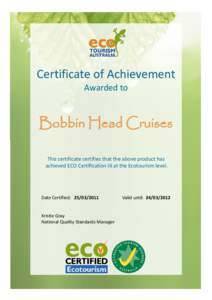Bobbin Head Cruises ECO Certification III at the Ecotourism level