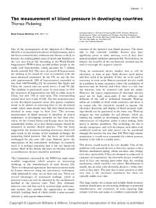 Editorial 11  The measurement of blood pressure in developing countries Thomas Pickering Blood Pressure Monitoring 2005, 10:11–12