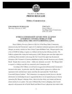 PRESS RELEASE Ethics Commission FOR IMMEDIATE RELEASE Thursday, February 8, 2007  CONTACT: