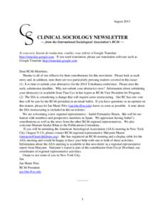 AugustCLINICAL SOCIOLOGY NEWSLETTER ~~ from the International Sociological Association’s RC46 ~~  Si vous avez besoin de traduction, veuillez vous référer à Google Translate