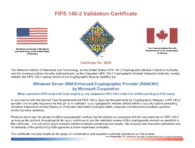 FIPSValidation Certificate No. 1010