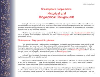 © 2003 Carolyn Sortor  Shakespeare Supplements: Historical and Biographical Backgrounds