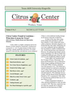 Volume 31 No. 2  Citrus Canker Found in Louisiana – What does it mean for Texas? John da Graça, Madhu Kunta and Mamoudou Sétamou