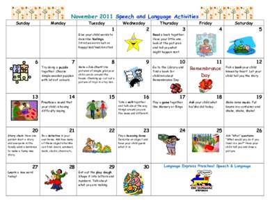 November 2011 Speech and Language Activities Sunday Monday  Tuesday