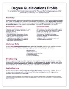 Degree Qualifications Profile *A template of competencies required for the award of college degrees at the associate, bachelor’s, and master’s levels Knowledge At each degree level, every college student should demon