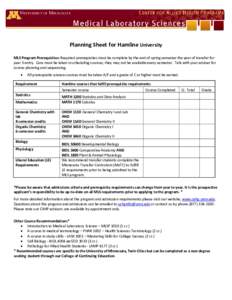 Planning Sheet for Hamline University MLS Program Prerequisites: Required prerequisites must be complete by the end of spring semester the year of transfer for year 3 entry. Care must be taken in scheduling courses; they