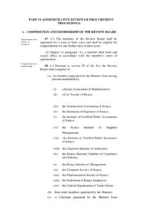 PART VI-ADMINISTRATIVE REVIEW OF PROCUREMENT PROCEEDINGS A - COMPOSITION AND MEMBERSHIP OF THE REVIEW BOARD Appointment and tenure of members.