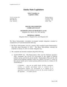 Complaint Decision HAlaska State Legislature Select Committee on Legislative Ethics 716 W. 4th, Suite 230