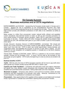 I Press Release  Brussels/Toronto, 26 September 2014 EU-Canada Summit: Business welcomes end of CETA negotiations