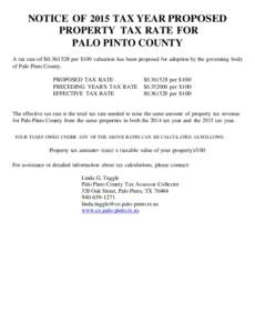 NOTICE OF 2015 TAX YEAR PROPOSED PROPERTY TAX RATE FOR PALO PINTO COUNTY A tax rate of $per $100 valuation has been proposed for adoption by the governing body of Palo Pinto County. PROPOSED TAX RATE