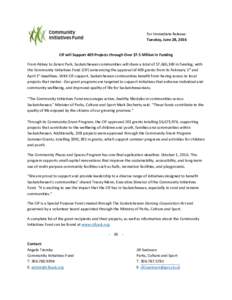 For Immediate Release: Tuesday, June 28, 2016 CIF will Support 409 Projects through Over $7.5 Million in Funding From Abbey to Zenon Park, Saskatchewan communities will share a total of $7,665,369 in funding, with the Co