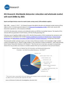 451 Research: Worldwide datacenter colocation and wholesale market will reach $48bn by 2021 Equinix and Digital Realty remain the market leaders among nearly 1,200 worldwide suppliers NEW YORK — January 12, 2017 — 45