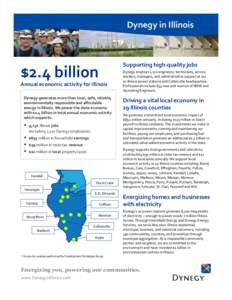 Dynegy	
  in	
  Illinois	
    $2.4	
  billion	
   Annual	
  economic	
  activity	
  for	
  Illinois	
   Dynegy	
  generates	
  more	
  than	
  local,	
  safe,	
  reliable,	
  