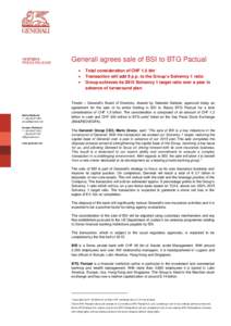 [removed]PRESS RELEASE Generali agrees sale of BSI to BTG Pactual  