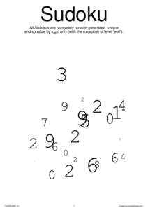 Sudoku All Sudokus are competely random generated, unique and solvable by logic only (with the exception of level 