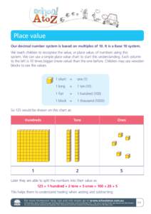 Place value Our decimal number system is based on multiples of 10. It is a Base 10 system. We teach children to recognise the value, or place value, of numbers using this system. We can use a simple place value chart to 