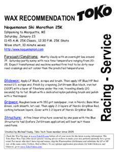 WAX RECOMMENDATION Ishpeming to Marquette, MI Saturday, January 23 11:45 A.M. 25K Classic, 12:30 P.M. 25K Skate Wave start, 10 minute waves http:/www.noquemanon.com