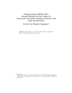 National School SIDRA 2017: Formal Methods for the Control of Large-scale Networked Nonlinear Systems with Logic Specifications Lecture L4: Regular languages?