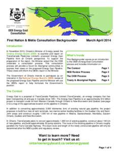 First Nation & Métis Consultation Backgrounder  March/April 2014 Introduction In November 2013, Ontario’s Minister of Energy asked the