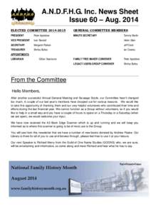 A.N.D.F.H.G. Inc. News Sheet Issue 60 – AugELECTED COMMITTEEGENERAL COMMITTEE MEMBERS