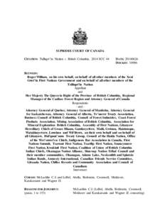 SUPREME COURT OF CANADA CITATION: Tsilhqot’in Nation v. British Columbia, 2014 SCC 44 DATE: DOCKET: 34986