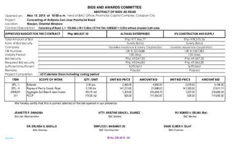 BIDS AND AWARDS COMMITTEE ABSTRACT OF BIDS AS READ May 13, 2015 at 10:00 a.m. held at BAC Office, Provincial Capitol Complex, Calapan City Opened on: Project: