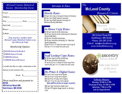 McLeod County Historical Society Membership Form: Name: ______________________________ Address: ____________________________ City: ________________ State: _________