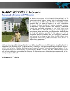 DADDY SETYAWAN: Indonesia Benchmark calculation for BWR reactor. Mr. Daddy Setyawan was awarded a three-month fellowship by the International Atomic Energy Agency (IAEA) Fellowship Program. He is undergoing his fellowshi