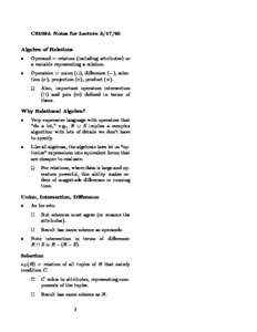CS109A Notes for LectureAlgebra of Relations  Operand = relation (including attributes) or 