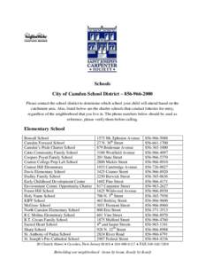 Schools City of Camden School District – Please contact the school district to determine which school your child will attend based on the catchment area. Also, listed below are the charter schools that con