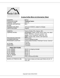 Invalsa Coffee Micro-lot Information Sheet COUNTRY PRODUCER NAME HARVEST YEAR INVALSA LAB CUPPING SCORE