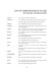 LIST OF CORRESPONDENTS TO THE NUCLEAR LAW BULLETIN ALBANIA Mr. F. YLLI, Director, Institute of Nuclear Physics